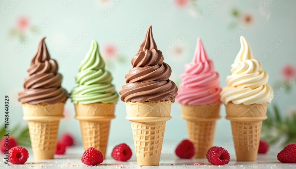 Five soft serve ice cream cones in various flavors like chocolate green ...