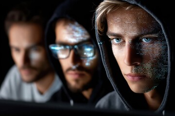 Young men engaged in computer programming and coding in a dark e