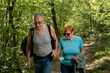 © Nenad - Senior couple hiking together in vibrant forest smiling and enjoying nature outdoors.