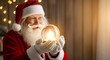 © dePICsignSTOCKS - Santa claus holding a glowing snow globe with a christmas tree inside, looking with wonder and anticipation, with warm bokeh lights in the background