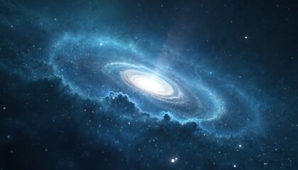Wall Mural - Spiral galaxy with bright core and glowing blue nebula clouds in deep dark space. Billions of stars twinkle forming cosmic dust clouds. Vast universe expanse with planets and celestial bodies.