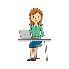 Woman with laptop working at a desk on a black background