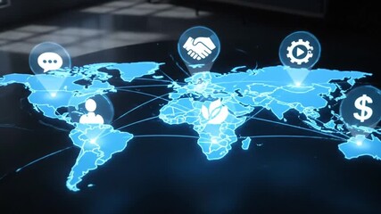 Wall Mural - Global Digital Network Overlay on World Map in Dark Setting with Bright Blue Light and Connection Beams Representing Communication and Networking