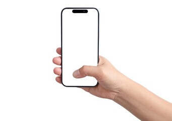 A hand holding a cell phone with a white background