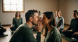 © SYATRI RAWU - A tender moment of connection as a man whispers into a woman's ear, sharing a secret during a group therapy or mindfulness workshop