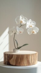 Wall Mural - White orchids in a bright interior on a wooden stand — suitable for interior design, blogs about plants, and comfort.