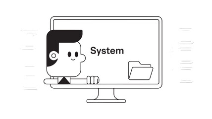 Cartoon character using a computer flat vector illustration for system management and software development isolated on white background