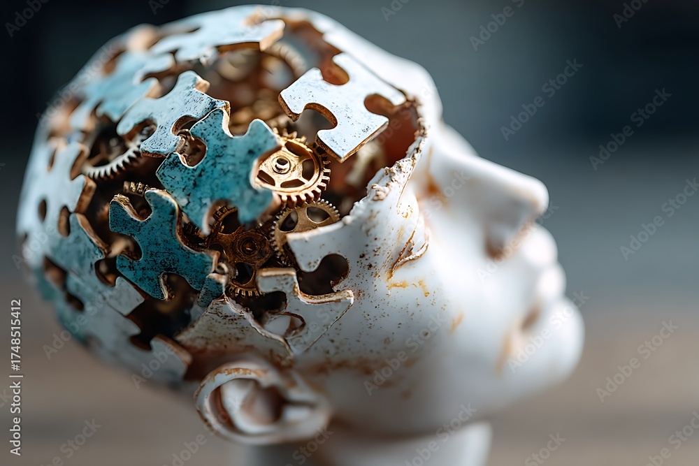 Abstract 3D head puzzle with missing pieces revealing clockwork gears ...