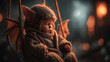 © Artem - Charming baby bat dressed in a cozy costume, resting on a swing in a spooky Halloween setting at night