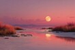 © SaroStock - Pink sky and full Moon reflecting on still water during late evening in a landscape showing distant mountains and shoreline with tall grass