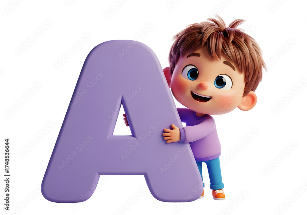 3d illustration of cartoon boy holding a large purple letter a ...