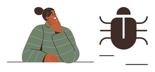 Thoughtful person resting chin on hand next to bug icon, representing problem-solving, debugging, software errors, or critical thinking. Ideal for technology, troubleshooting, innovation, analysis
