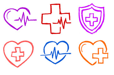 Wall Mural - Heart Medicine Health Related Icons Crayon Chalk Drawing Doodle Vector Set