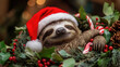 © syhin_stas - Sleepy sloth in Santa hat barely holding candy cane, half-asleep in Christmas wreath, lazy holiday vibes, funny meme-ready festive scene