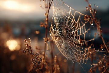 Spiderweb glistens with morning dew in golden hour light, captured at sunrise, showcases intricate details and natural beauty