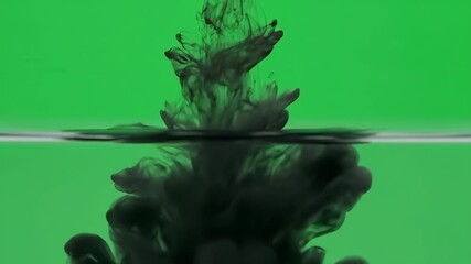 Wall Mural - A single black ink drop explodes and disperses beautifully in water in extreme slow motion with a green screen backdrop graphic, ink drop, effect