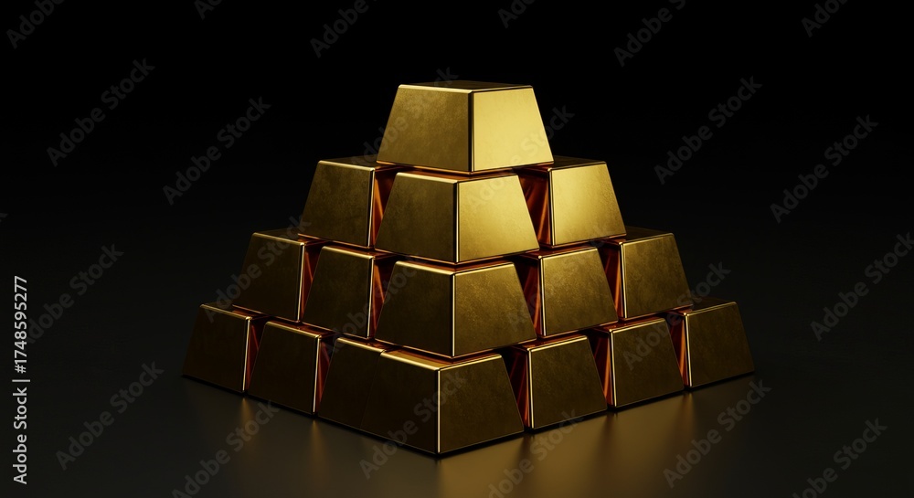 Pyramid Gold Topping Stacked gold bars forming a pyramid on a dark background display Stock ...