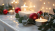 © syhin_stas - Holiday-themed bathroom decor with eucalyptus, red ornaments, and candles, peaceful spa moment, minimal clean style, cozy wellness atmosphere, festive relaxation, copy space