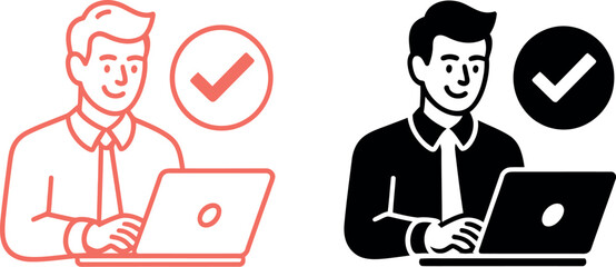 Vector art of a man is working on his laptop with a checkmark icon