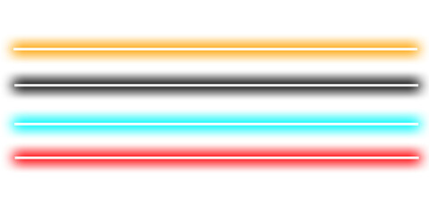Set of glowing neon light lines in orange, blue, gray, and yellow tones on transparent background, modern digital luminous design element
