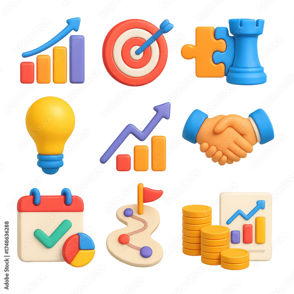 3D Growth Strategy Icons. Growth strategy set of icons in 3D color ...