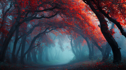 Wall Mural - Trees with fiery red leaves arching over a glowing misty forest path