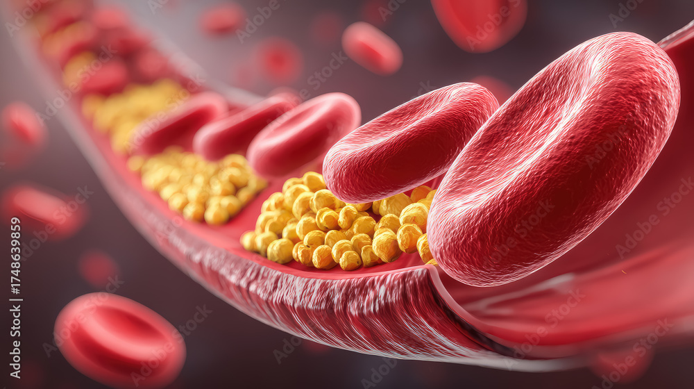 Cholesterol plaque in artery. Illustration of blood vessel with flowing ...