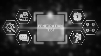 Cybersecurity penetration test concept with AI and team collaboration icons in grayscale on a dark background