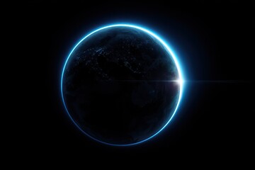 Wall Mural - Neon Earth: Vibrant Blue Planet with Plant Life Against a Black Abstract Backdrop and Radiant Sunshine