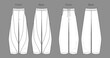 © Yulish - Vector girl fleece jogger technical drawing, teenage style pants with waistband and pockets detail fashion CAD, template, sketch, flat. Woman barrel fit sweatpants with front, back view, white color