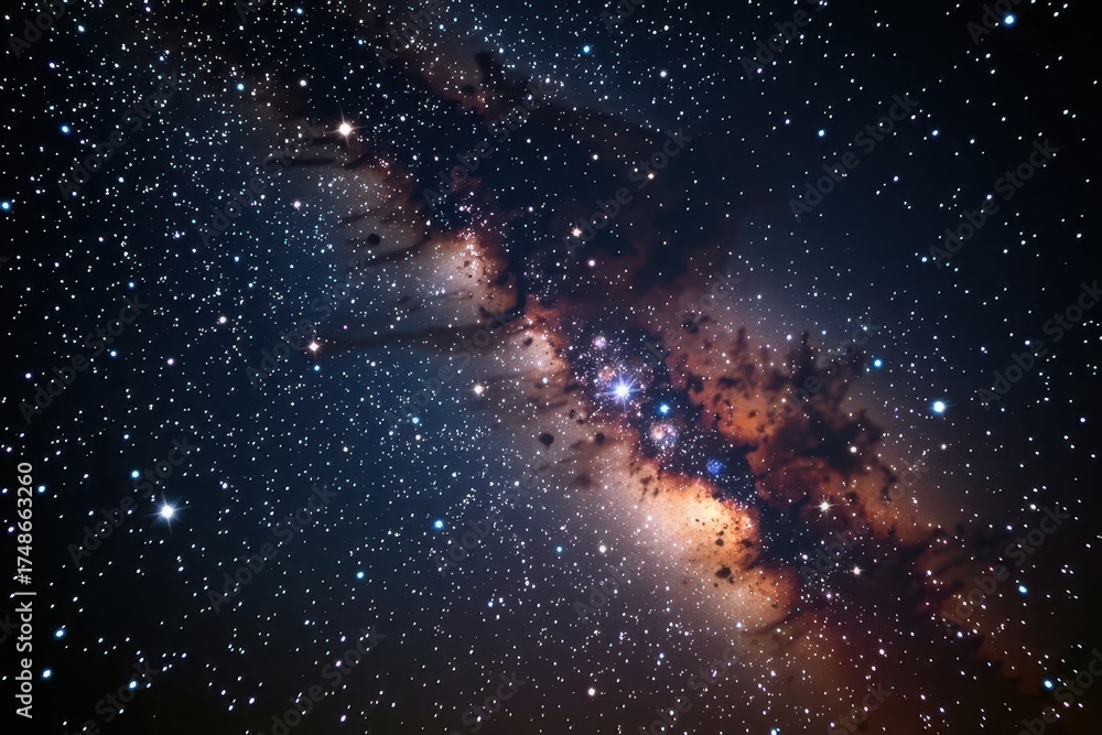 Dark night sky filled with countless stars and a hazy milky way galaxy ...