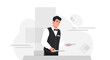 © Mamat - Waiter Standing Ready Serving Plates with a Smile in a Minimalistic Vector Style