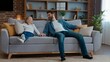 © Yuliia - Happy caucasian family falling down on couch at own home father with daughter celebrate moving day relocation funny dad with child kid girl jumping on soft break relaxation resting playing laughing
