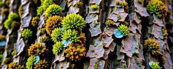 Wall Mural - Textured tree bark cloaked in vibrant green moss and lichen, showcasing nature's intricate details and contrasting colors, moss, tree bark