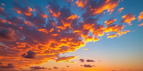 Wall Mural - Golden hour clouds ablaze with vibrant sunset hues, painted across a clear sky, radiating warmth and serenity, rays, atmosphere