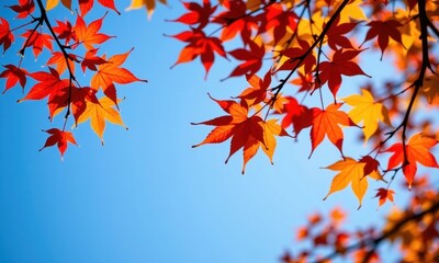 Wall Mural - Vibrant crimson, gold, and russet leaves descend against a clear azure sky, sunlight illuminating their delicate fall, nature photography, leaf fall, blue sky