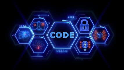 Futuristic Digital Interface with CODE Text and Technology Icons on Black Background CODE network