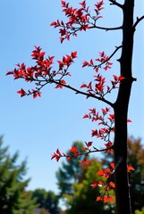 Wall Mural - Minimalist summer scene: a lone red mountain ash tree silhouetted against a vibrant blue sky, showcasing its delicate branches and leaves, backdrop, outdoors, calm