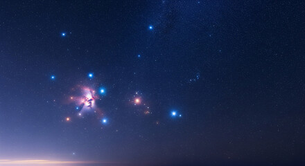 Wall Mural - The Great Orion Nebula and Its Stars Against a Dark Night Sky
A stunning deep-sky photograph or composite focusing on the magnificent Orion Nebula (M42) and the surrounding stellar formations
