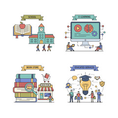 A collection of flat‑style web page templates for schools, e‑learning, bookstores, and educational services, featuring modern vector illustration concepts for both website and mobile development