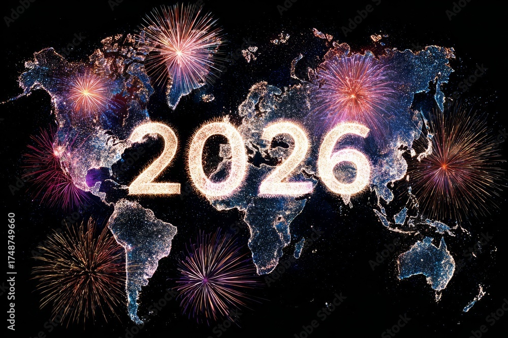 World Map Glowing With 2026 Surrounded By Fireworks Bursts On 1000 F 1748749660 