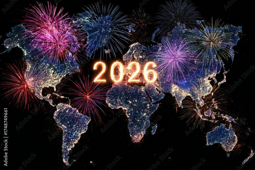 World Map Glowing With 2026 Surrounded By Fireworks Bursts On 1000 F 1748749661 