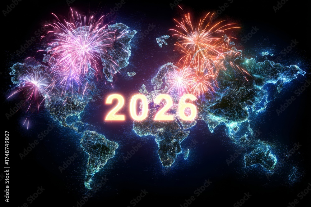World Map Glowing With 2026 Surrounded By Fireworks Bursts On 1000 F 1748749807 