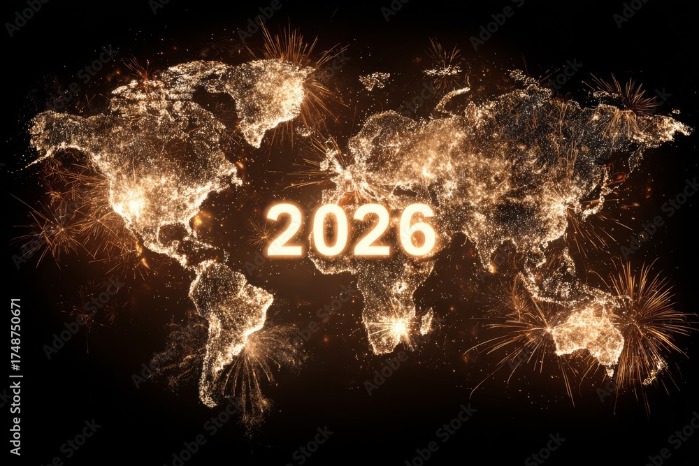 World Map Glowing With 2026 Surrounded By Fireworks Bursts On 1000 F 1748750671 