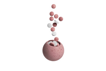 Wall Mural - Pink and white pills falling into a spherical container against a transparent background. background removed