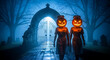 © Ryuga - Eerie Halloween night with nurses sporting jack-o'-lantern heads walking through a misty graveyard, spooky and surreal, perfect for Halloween themed projects