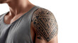 © Sam - PNG of Close-up of a young man's shoulder showcasing intricate tribal tattoos.