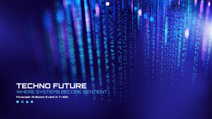 Data stream background with vibrant blue and purple dots indicating digital flow. Concept of artificial intelligence and machine learning.