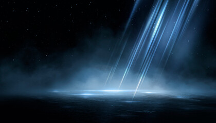 Wall Mural - Wet asphalt, reflection of neon lights, a searchlight, smoke. Abstract light in a dark empty street with smoke, smog. Dark background scene of empty street, night view, night city.