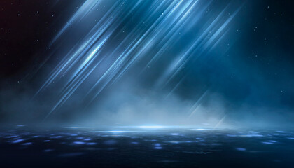 Wall Mural - Wet asphalt, reflection of neon lights, a searchlight, smoke. Abstract light in a dark empty street with smoke, smog. Dark background scene of empty street, night view, night city.